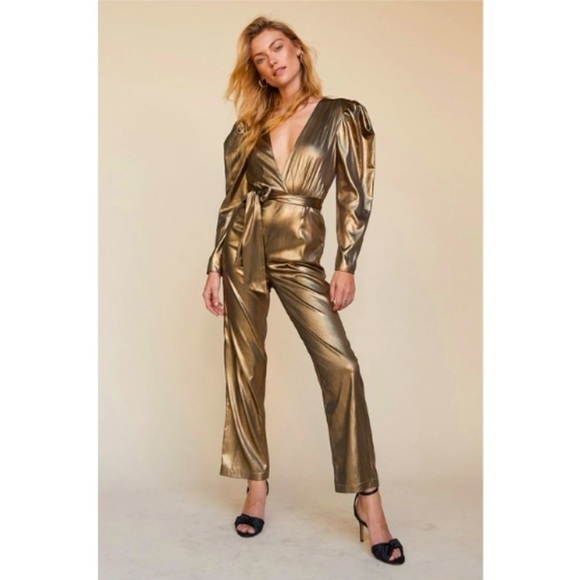 LPA Pants - LPA Metallic Gold Puff-Sleeve Jumpsuit